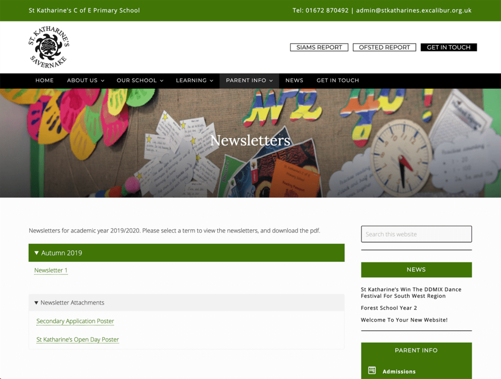 Screenshot of newsletters page